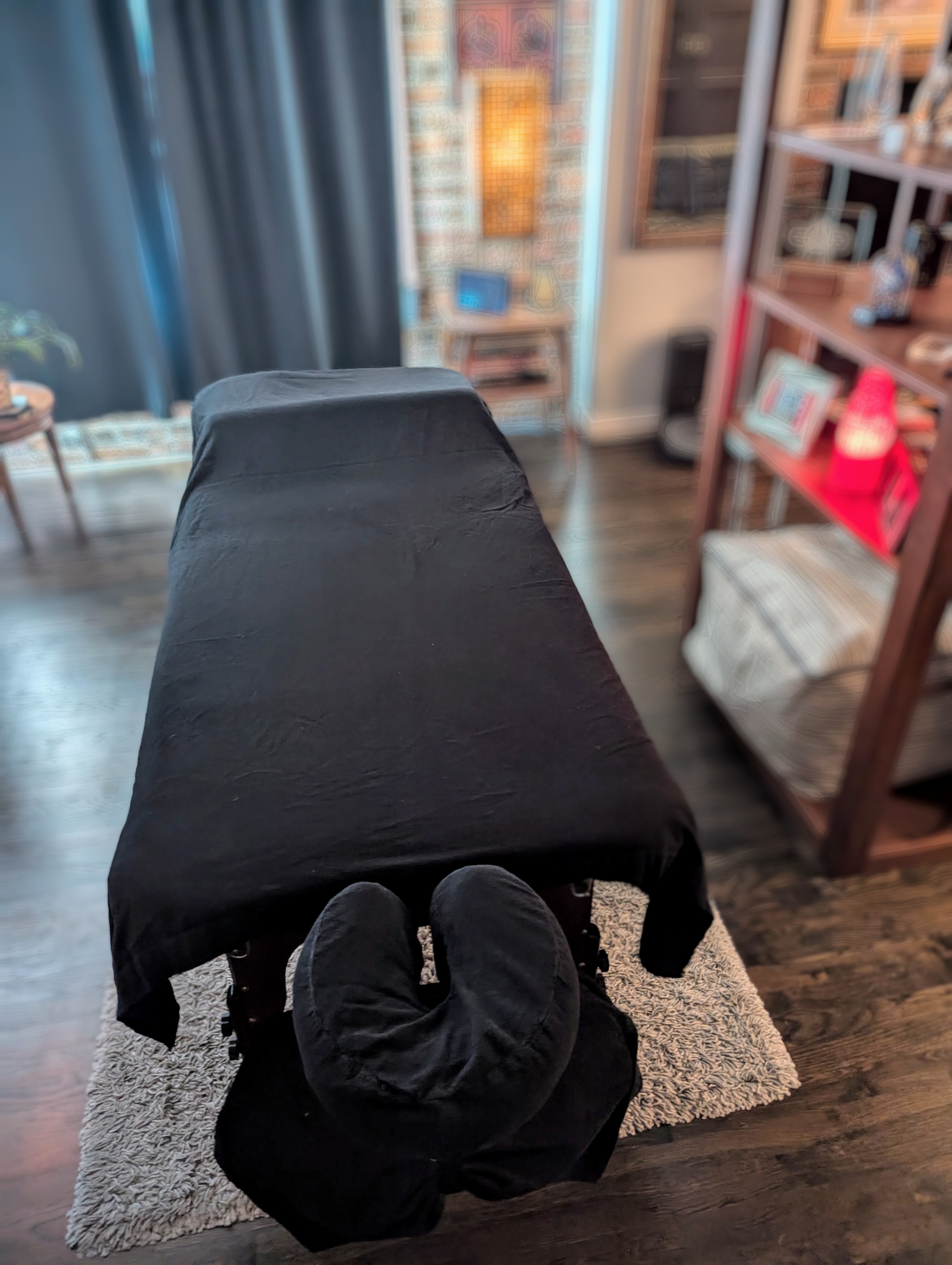 Private, discreet massage room in Houston designed for men to relax naked in a supportive masculine environment.